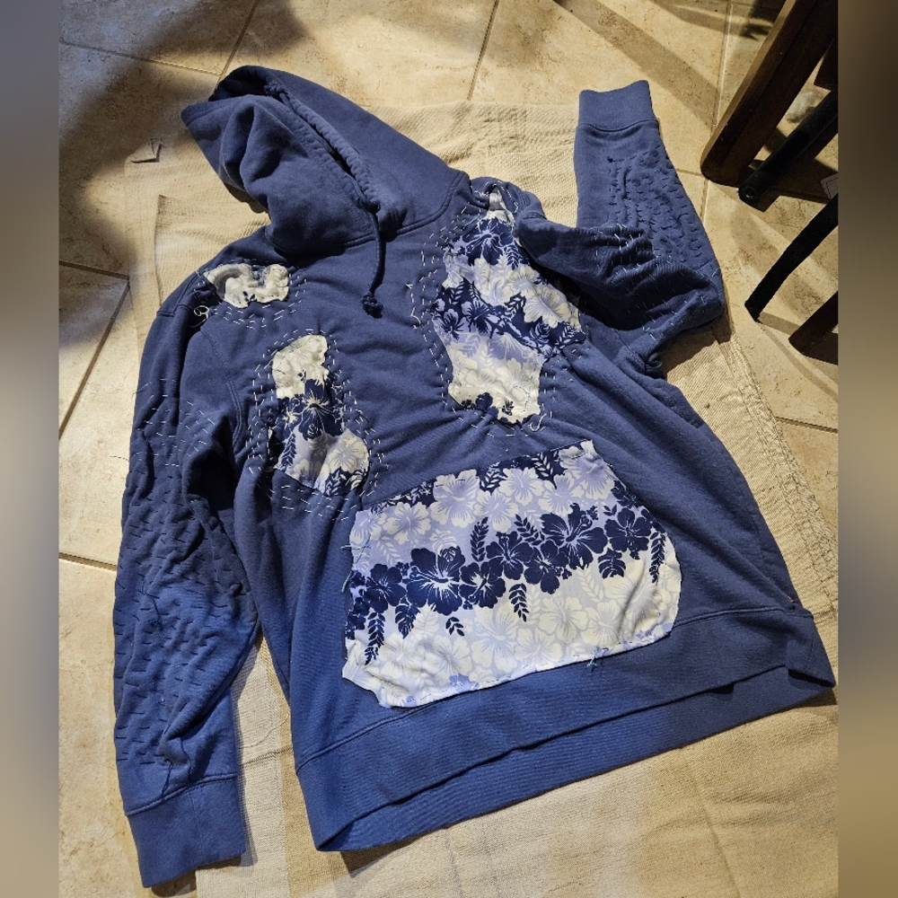 Upcycled Floral Patchwork Blue Hoodie Unisex Large